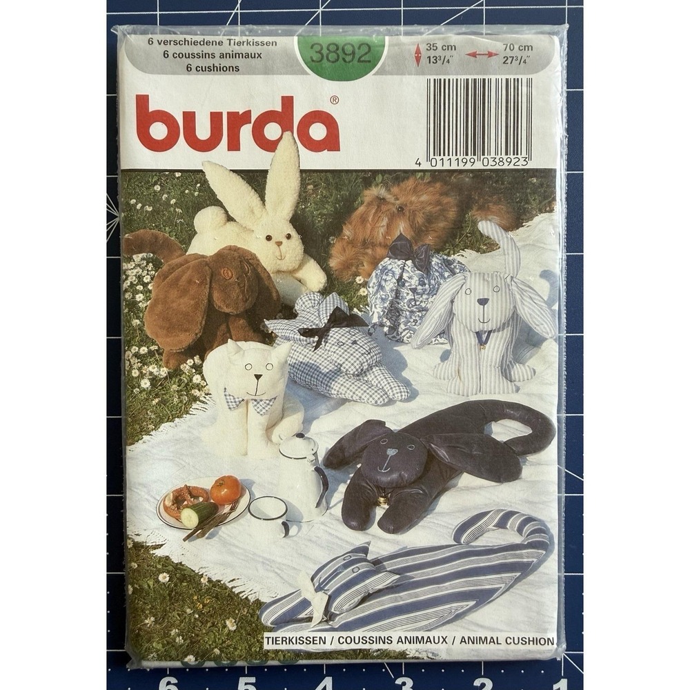 Burda Pattern 3892 Stuffed Animal Cushions Bunny Dog Cat Uncut FF